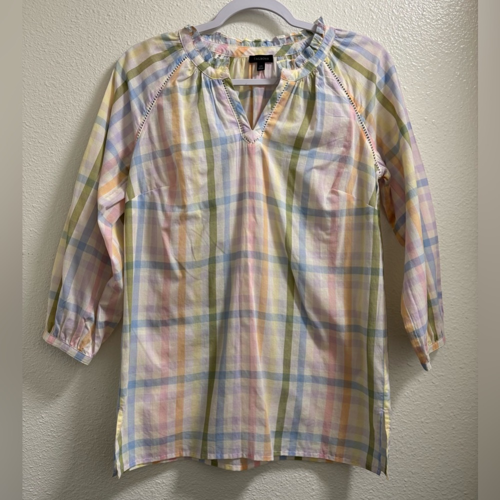 Talbots Ruffle Tunic Blouse Rainbow Plaid Lightweight Ladder Trim Split Neck XS